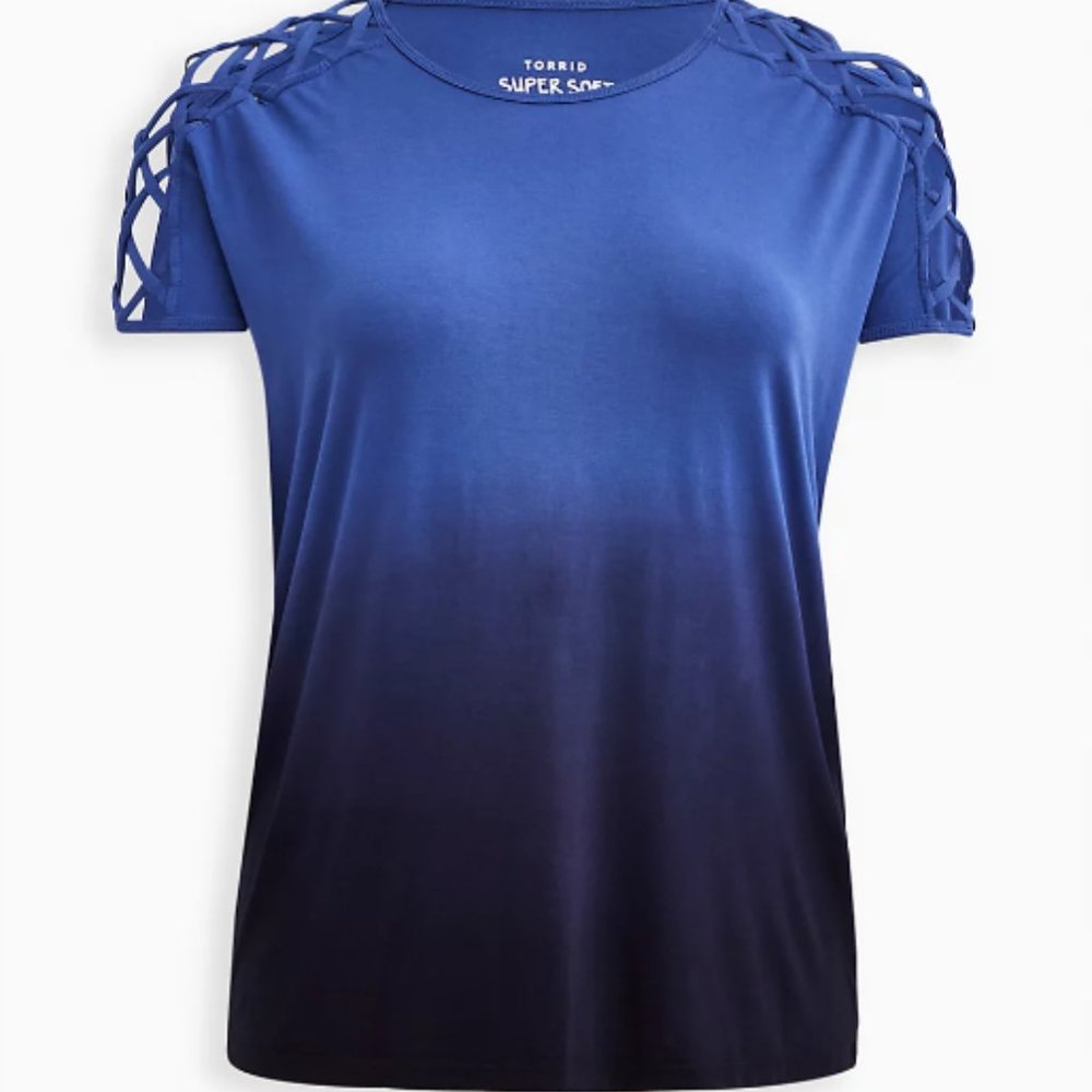 TORRID LATTICE DOLMAN SLEEVE TOP - SUPER SOFT DIP DYE NAVY SIZE 2